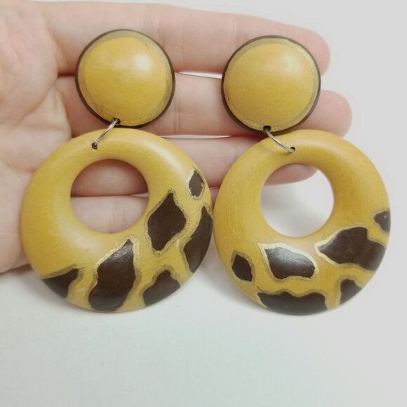 Vintage Tan and Brown Dangle Doorknocker Style Stud Earrings, Retro Estate - Picture 1 of 6